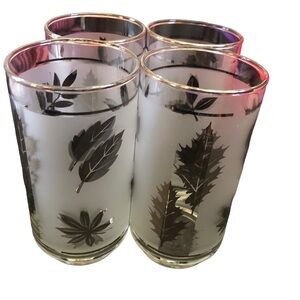 Vintage 1950's Starlyte Silver Leaf Set 4 Frosted High Ball Glasses Mid Century